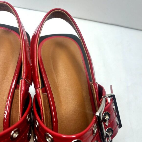Lunhonk Red Patent Leather Slingback Flat Sandals Womens Studded Buckle Designer - Picture 10 of 11